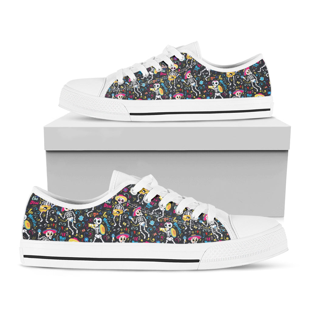 Day Of The Dead Mariachi Skeletons Print White Low Top Shoes