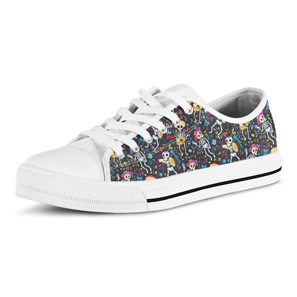 Day Of The Dead Mariachi Skeletons Print White Low Top Shoes
