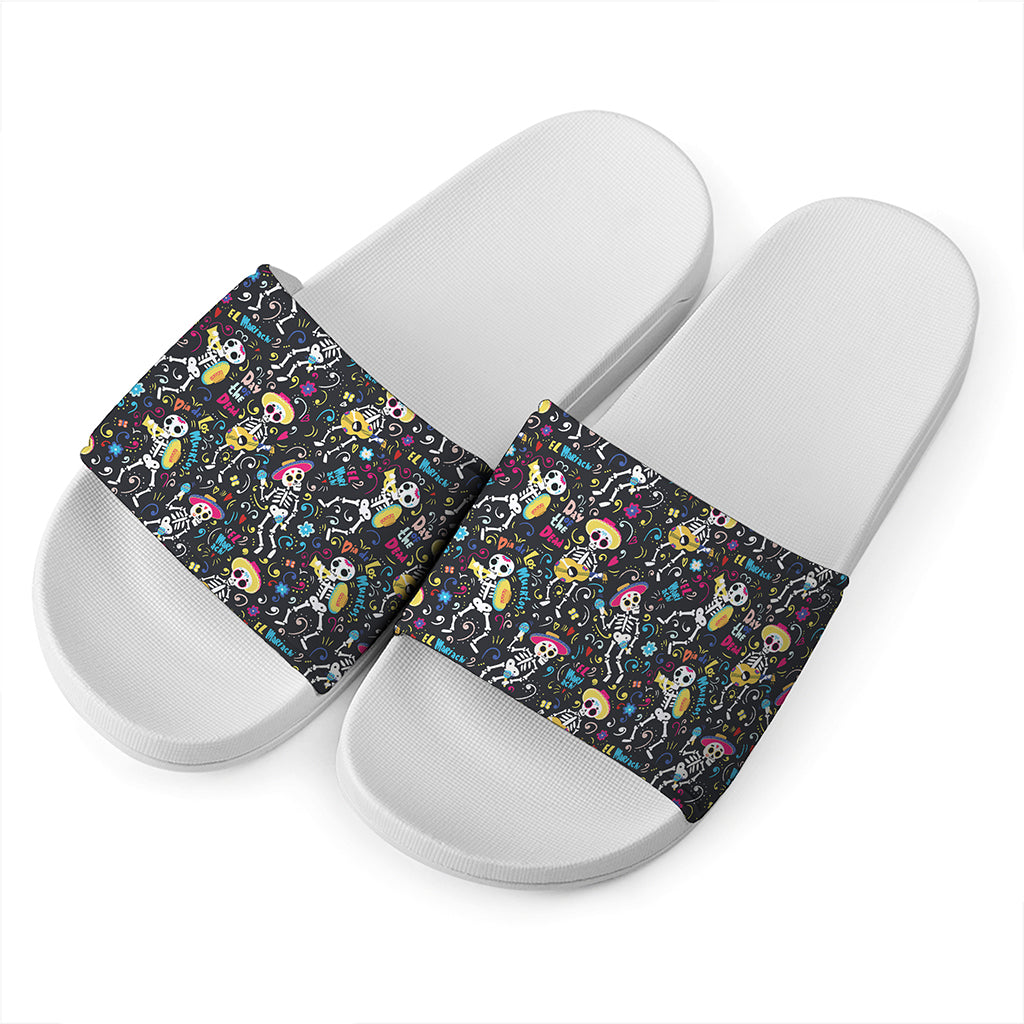 Day Of The Dead Mariachi Skeletons Print White Slide Sandals