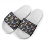 Day Of The Dead Mariachi Skeletons Print White Slide Sandals