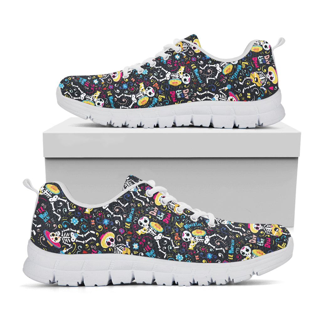 Day Of The Dead Mariachi Skeletons Print White Sneakers