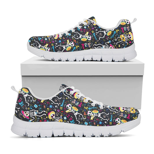 Day Of The Dead Mariachi Skeletons Print White Sneakers