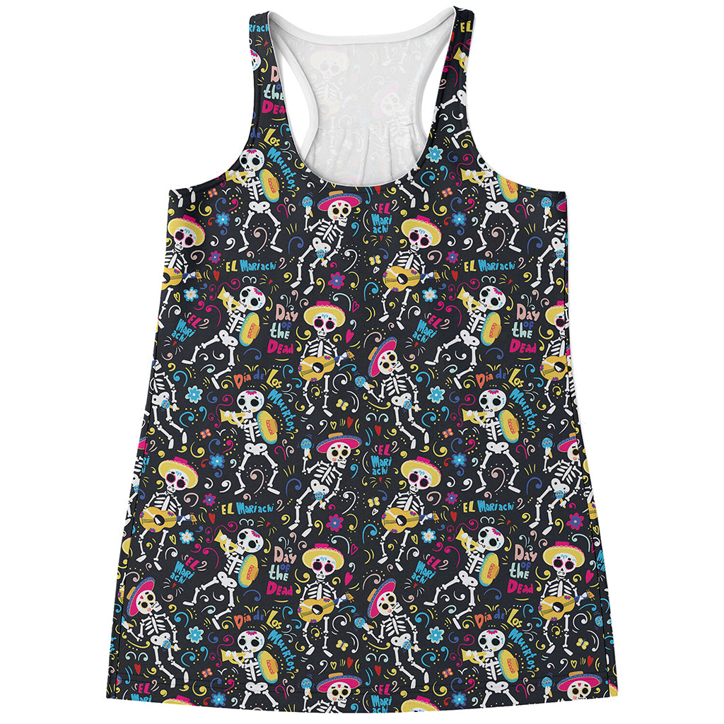 Day Of The Dead Mariachi Skeletons Print Women's Racerback Tank Top