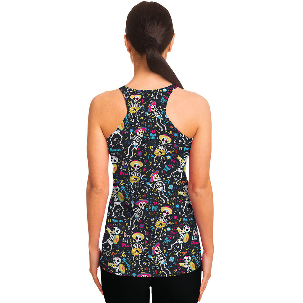 Day Of The Dead Mariachi Skeletons Print Women's Racerback Tank Top