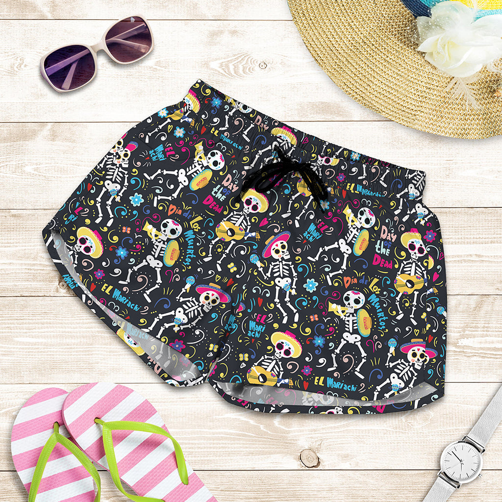 Day Of The Dead Mariachi Skeletons Print Women's Shorts