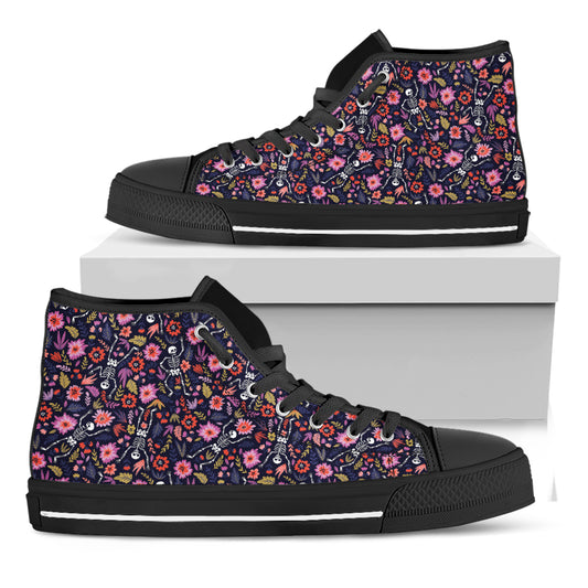 Day Of The Dead Skeleton Pattern Print Black High Top Shoes