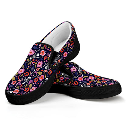 Day Of The Dead Skeleton Pattern Print Black Slip On Shoes