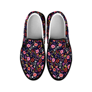 Day Of The Dead Skeleton Pattern Print Black Slip On Shoes