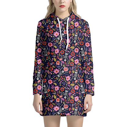 Day Of The Dead Skeleton Pattern Print Hoodie Dress
