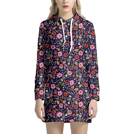 Day Of The Dead Skeleton Pattern Print Hoodie Dress