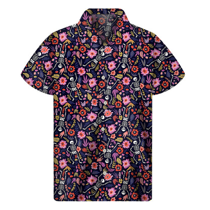 Day Of The Dead Skeleton Pattern Print Men's Short Sleeve Shirt