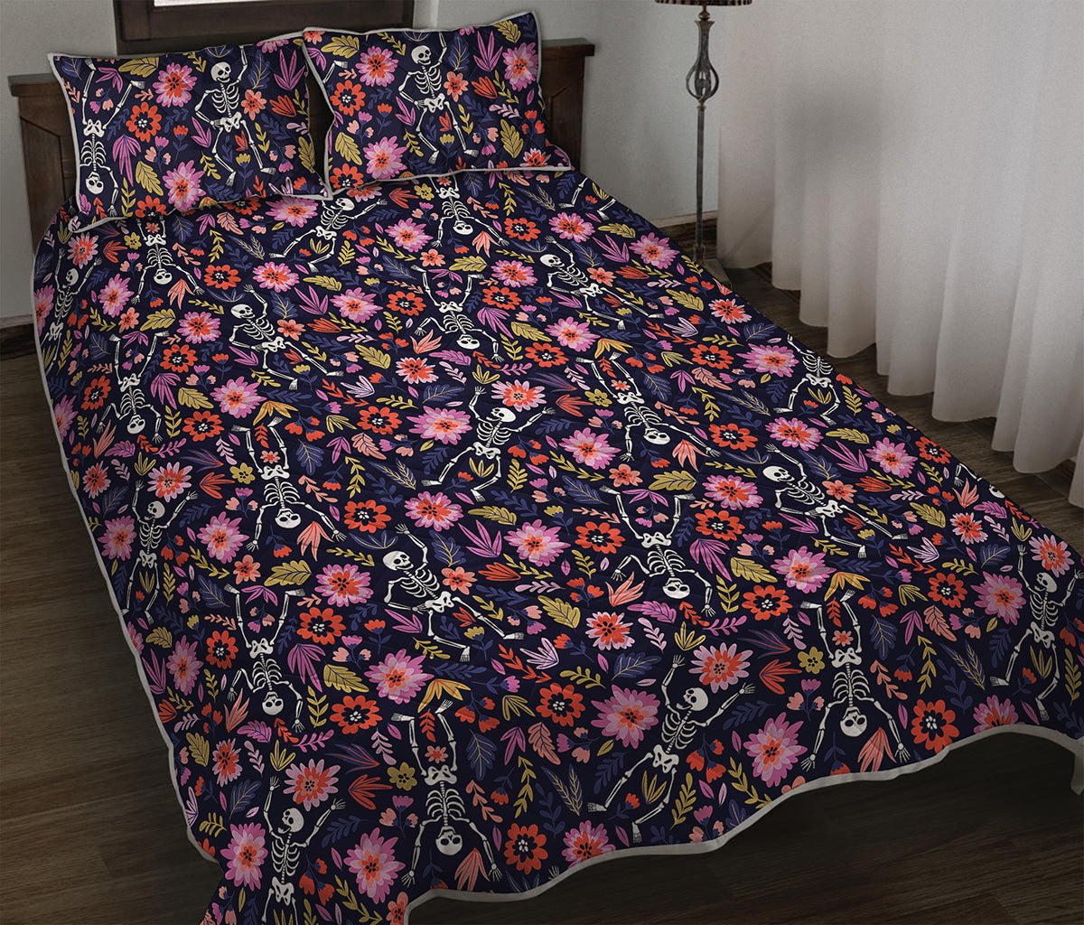 Day Of The Dead Skeleton Pattern Print Quilt Bed Set