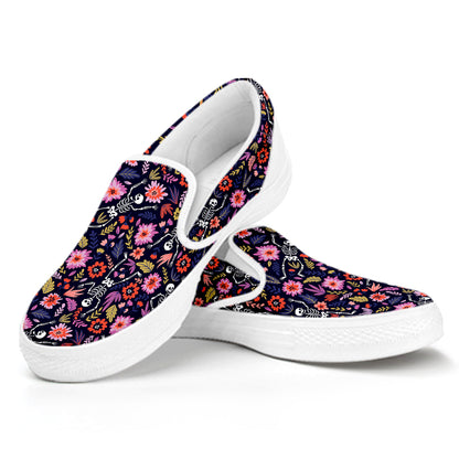 Day Of The Dead Skeleton Pattern Print White Slip On Shoes
