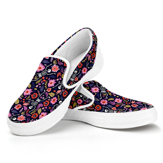 Day Of The Dead Skeleton Pattern Print White Slip On Shoes