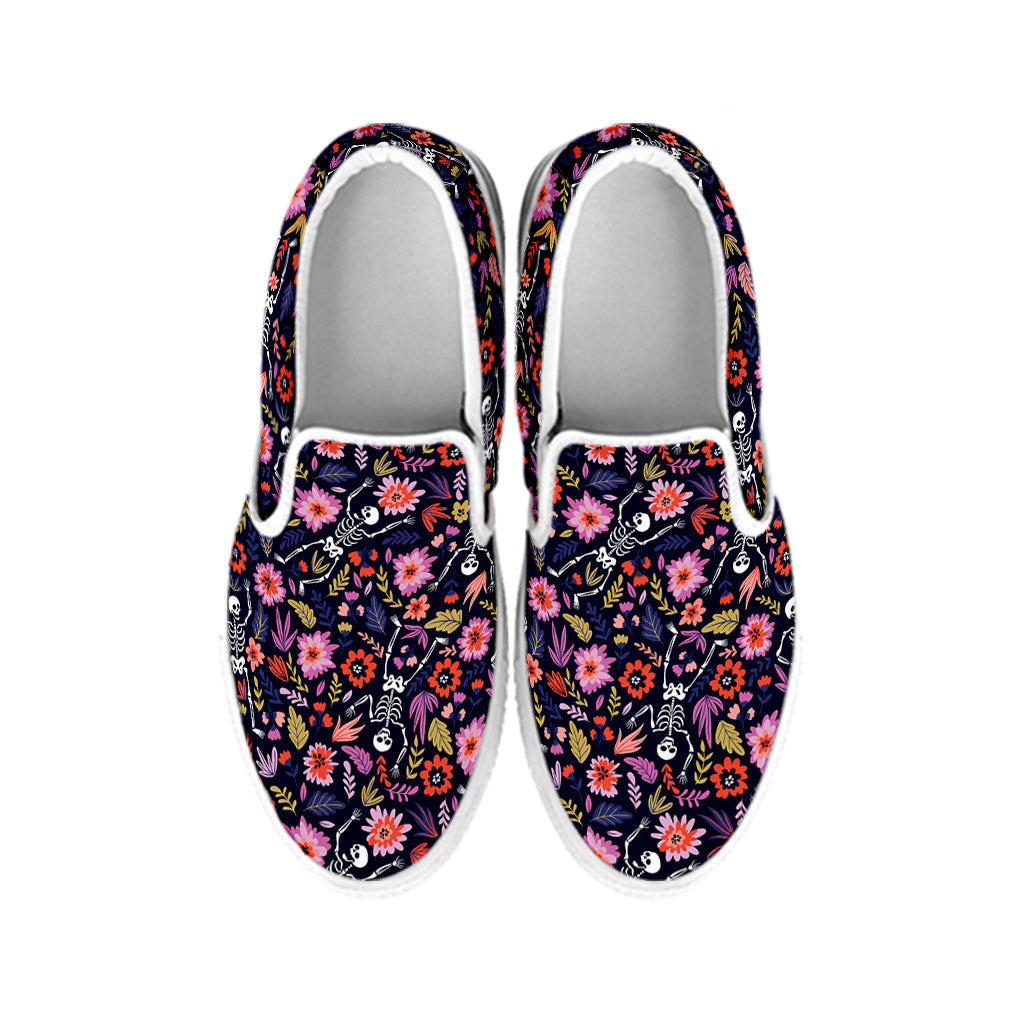 Day Of The Dead Skeleton Pattern Print White Slip On Shoes