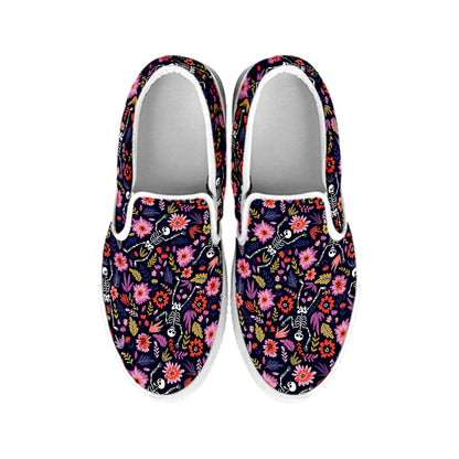 Day Of The Dead Skeleton Pattern Print White Slip On Shoes