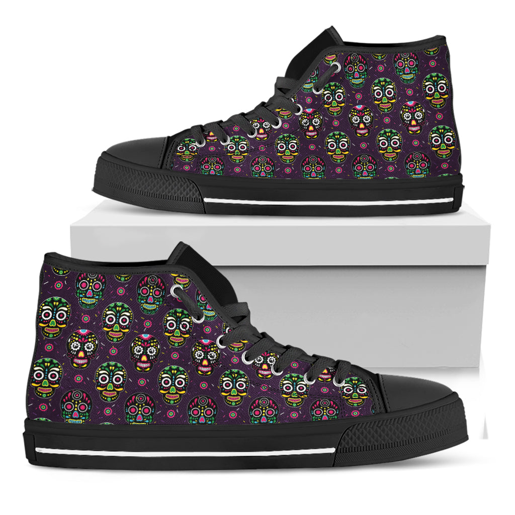 Day Of The Dead Sugar Skull Print Black High Top Shoes