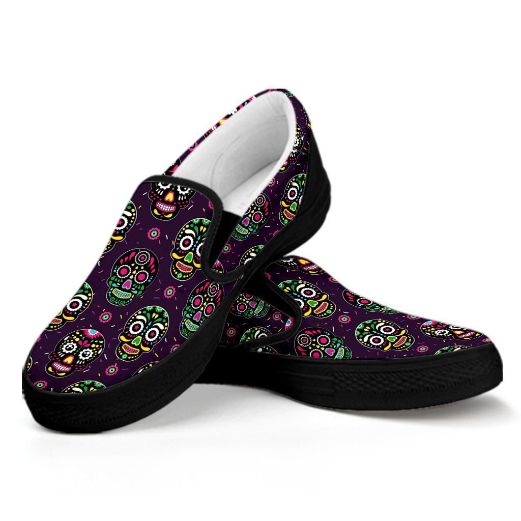 Day Of The Dead Sugar Skull Print Black Slip On Shoes