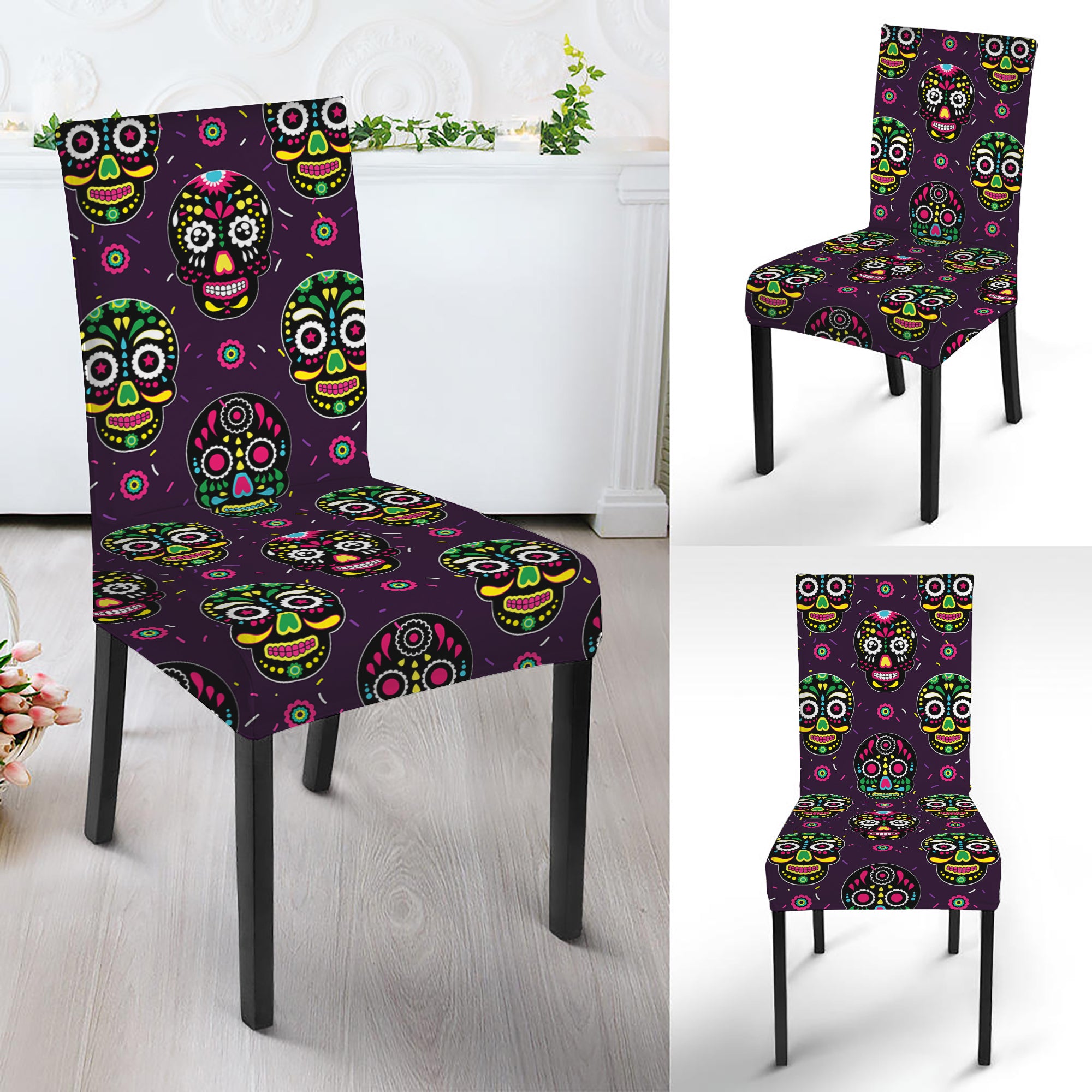 Day Of The Dead Sugar Skull Print Dining Chair Slipcover