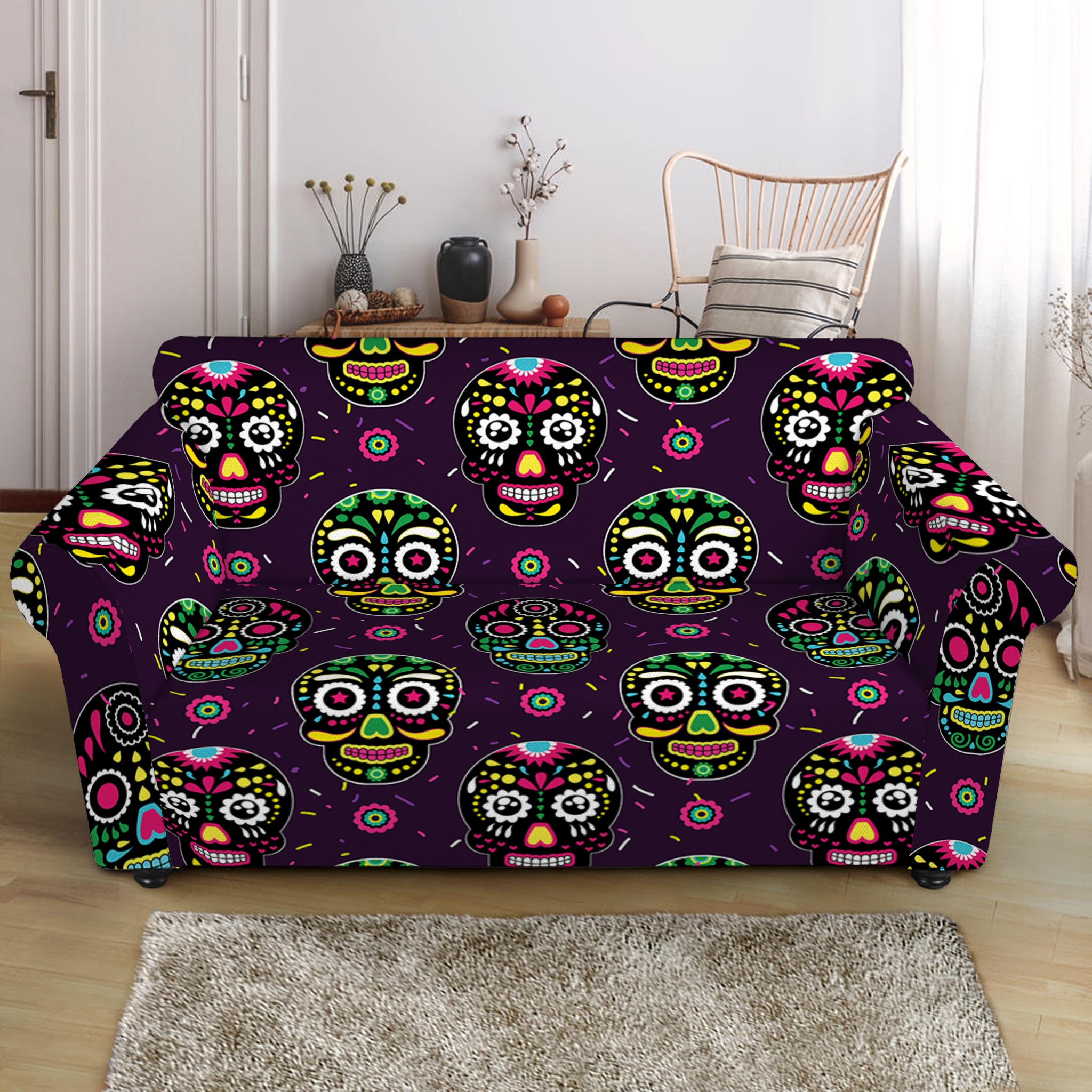 Day Of The Dead Sugar Skull Print Loveseat Slipcover