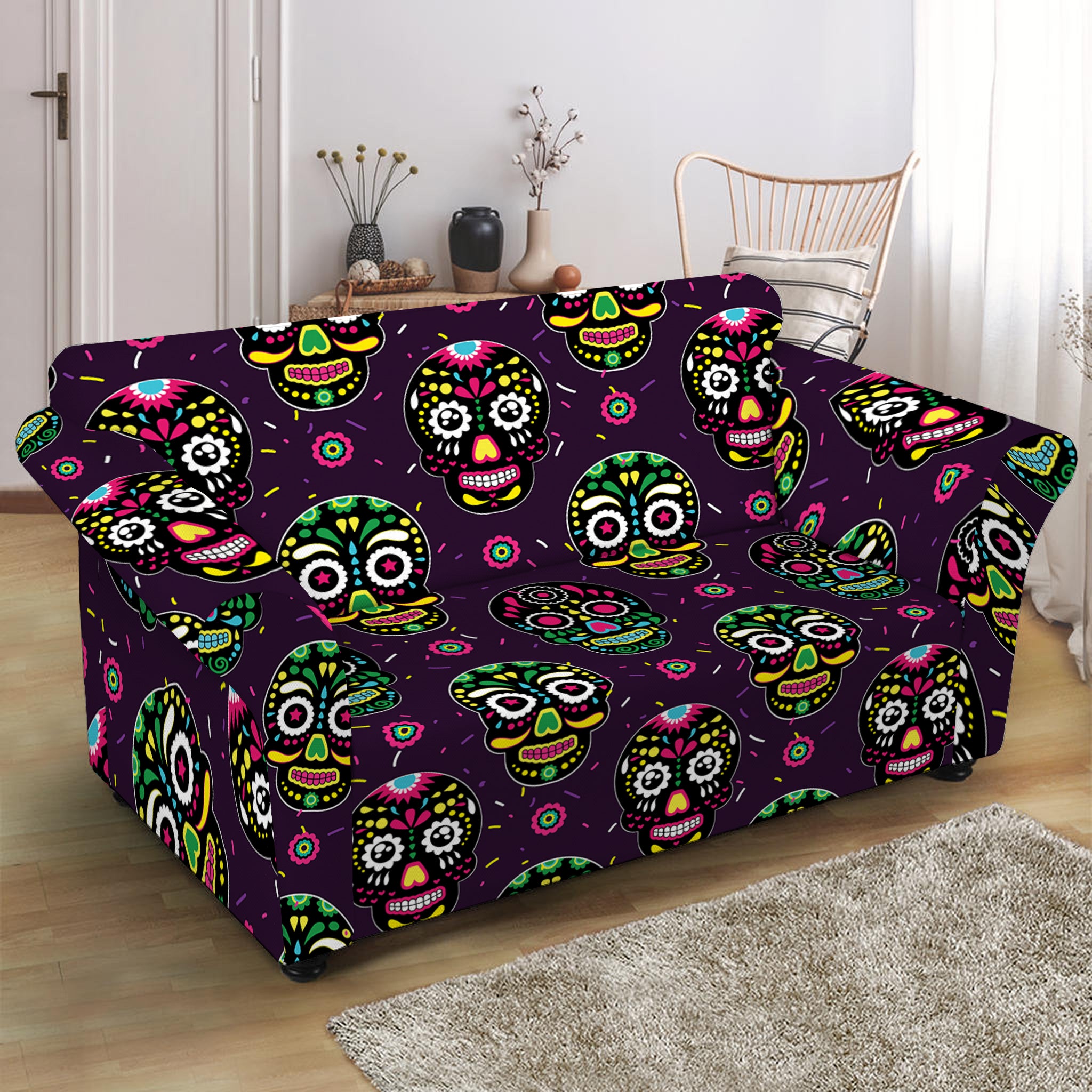 Day Of The Dead Sugar Skull Print Loveseat Slipcover