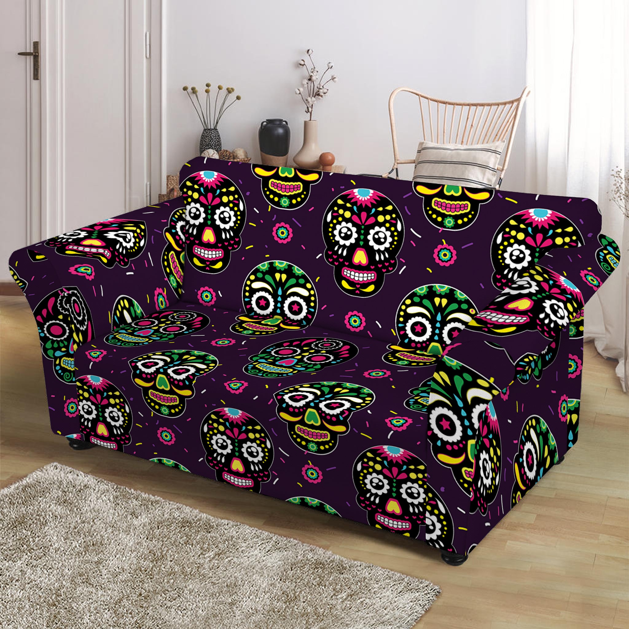 Day Of The Dead Sugar Skull Print Loveseat Slipcover