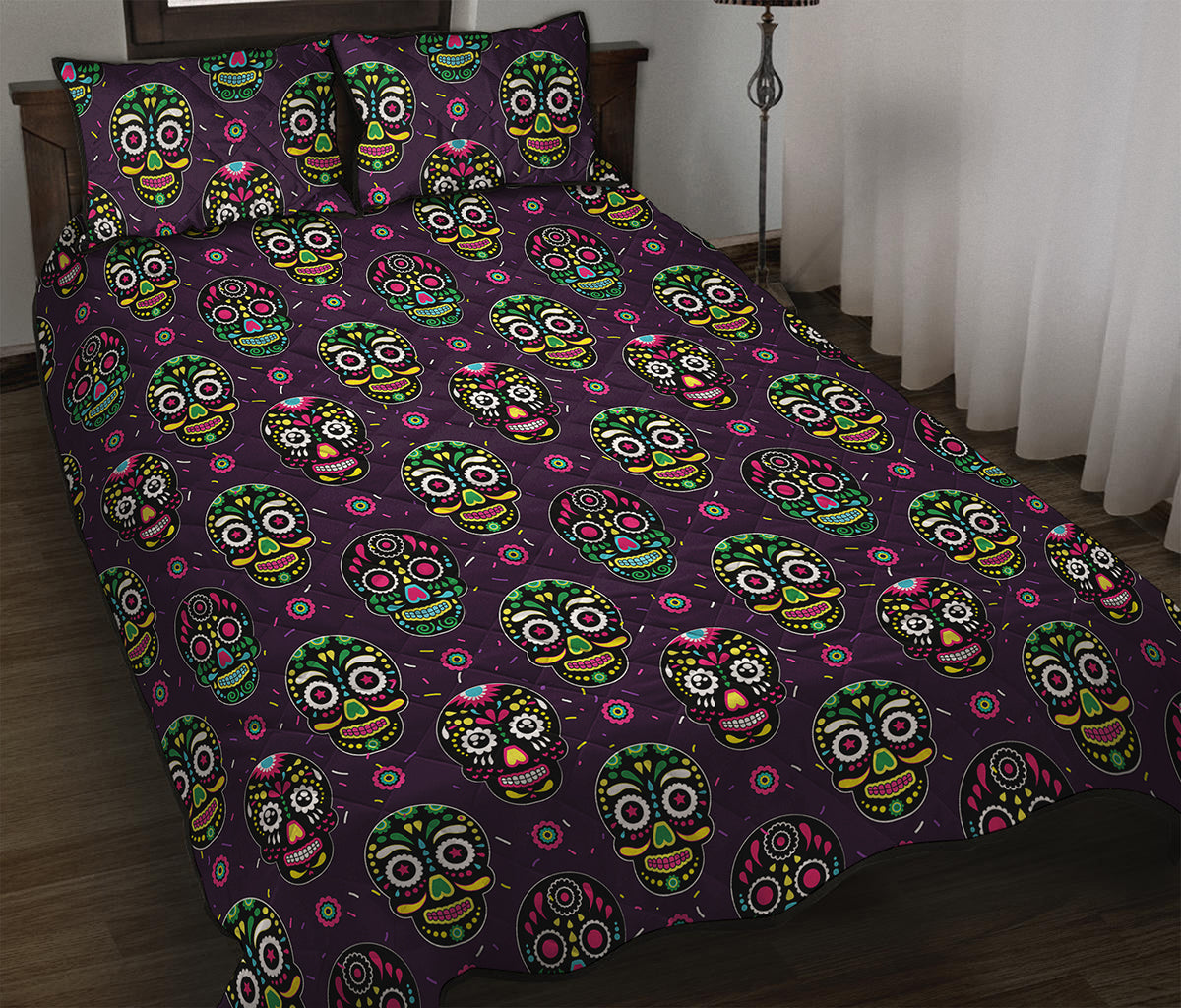 Day Of The Dead Sugar Skull Print Quilt Bed Set