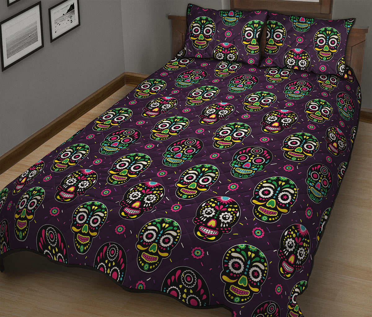 Day Of The Dead Sugar Skull Print Quilt Bed Set