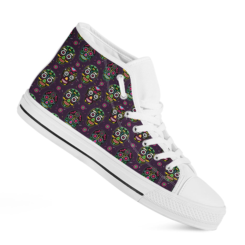 Day Of The Dead Sugar Skull Print White High Top Shoes