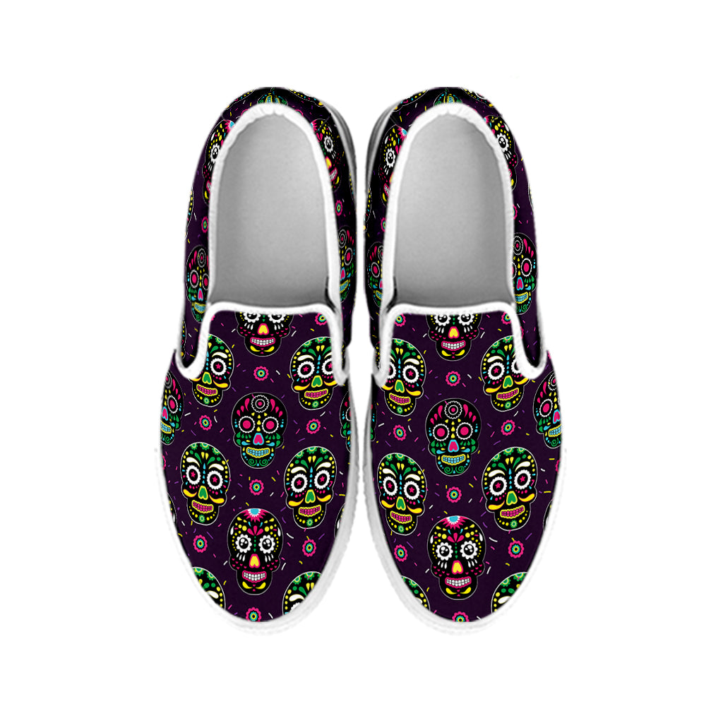 Day Of The Dead Sugar Skull Print White Slip On Shoes