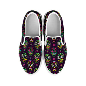 Day Of The Dead Sugar Skull Print White Slip On Shoes