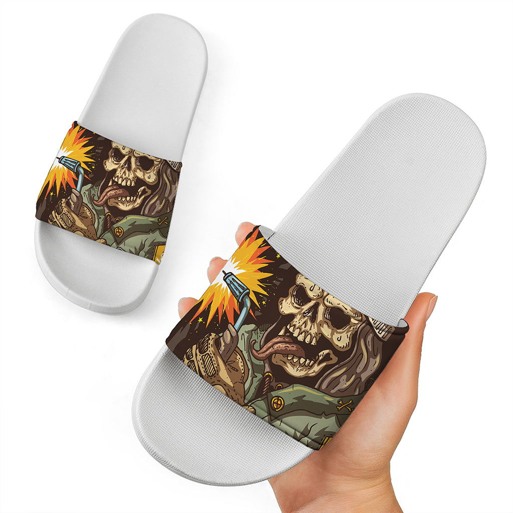 Dead Welder Print White Slide Sandals
