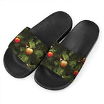 Decorated Christmas Tree Print Black Slide Sandals