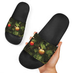 Decorated Christmas Tree Print Black Slide Sandals