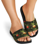 Decorated Christmas Tree Print Black Slide Sandals