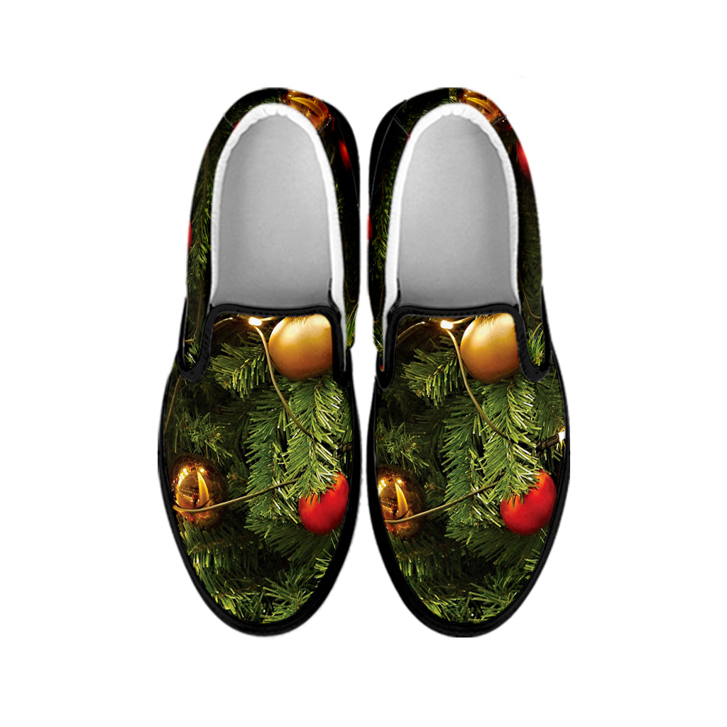 Decorated Christmas Tree Print Black Slip On Shoes