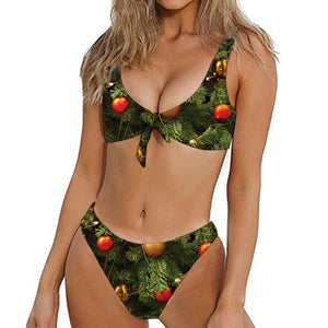 Decorated Christmas Tree Print Front Bow Tie Bikini