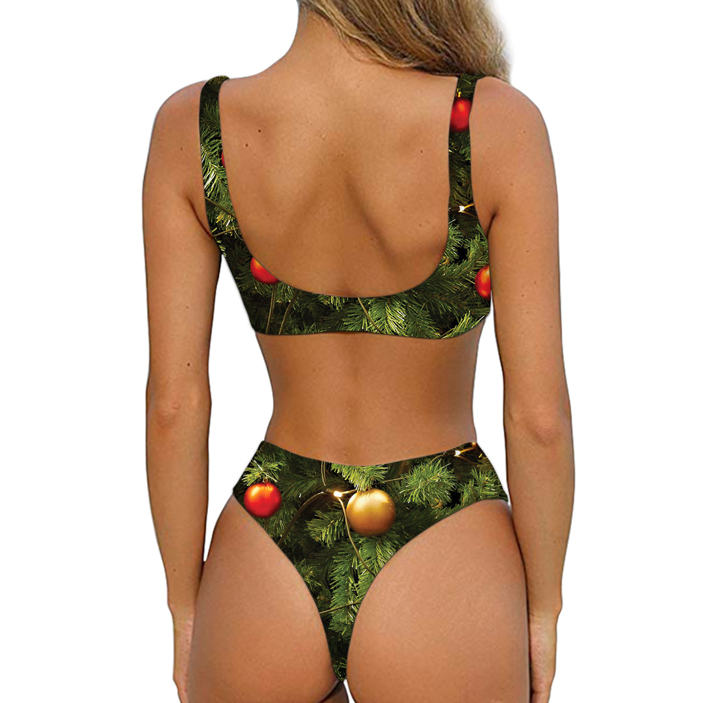 Decorated Christmas Tree Print Front Bow Tie Bikini