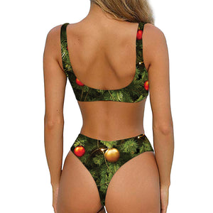 Decorated Christmas Tree Print Front Bow Tie Bikini