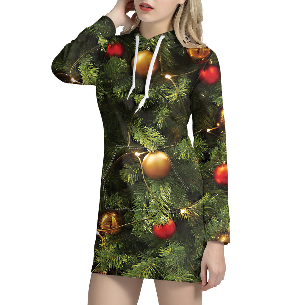 Decorated Christmas Tree Print Hoodie Dress