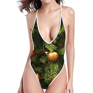 Decorated Christmas Tree Print One Piece High Cut Swimsuit