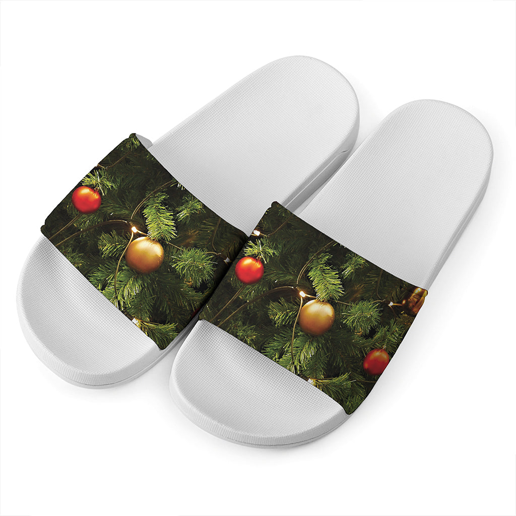 Decorated Christmas Tree Print White Slide Sandals