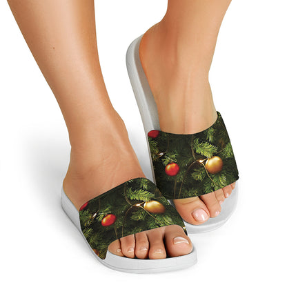 Decorated Christmas Tree Print White Slide Sandals