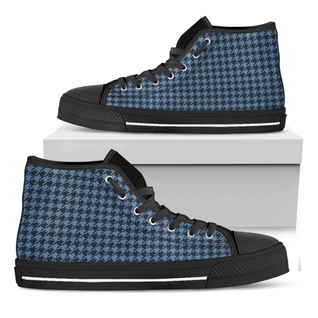 Deep Blue Houndstooth Pattern Print Black High Top Shoes