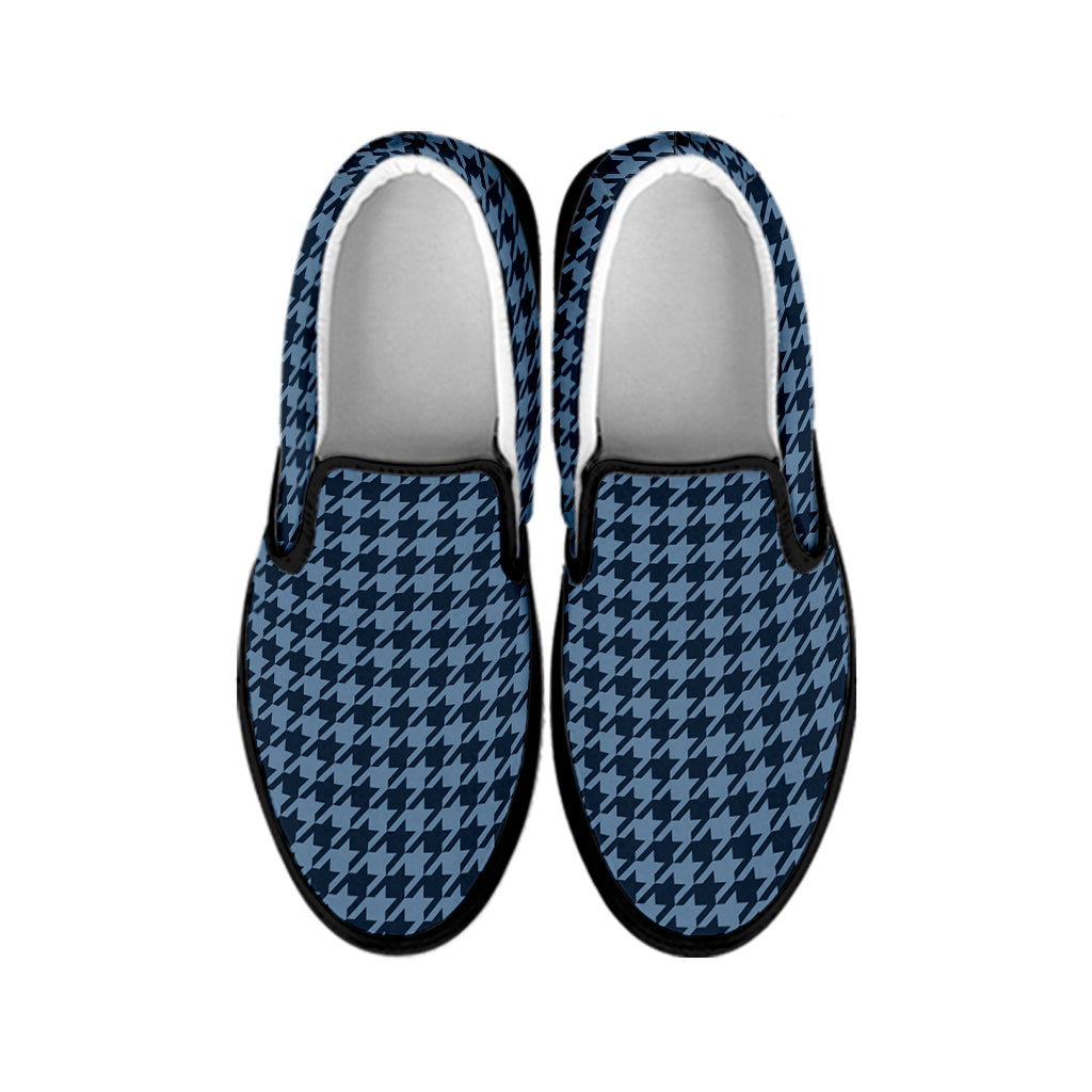 Deep Blue Houndstooth Pattern Print Black Slip On Shoes