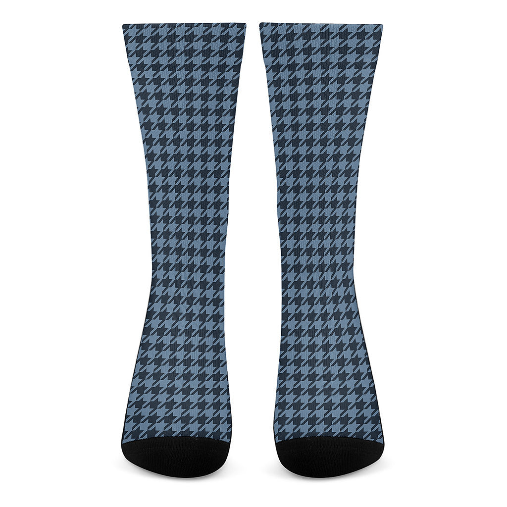 Deep Blue Houndstooth Pattern Print Crew Socks