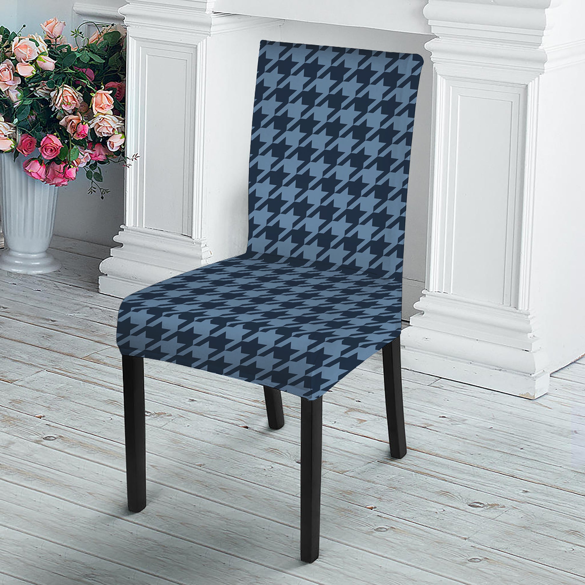 Deep Blue Houndstooth Pattern Print Dining Chair Slipcover