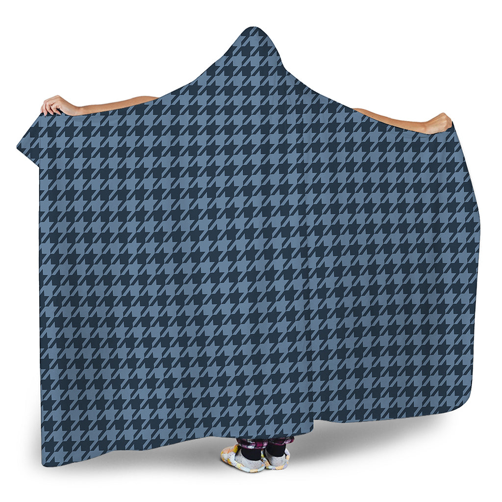 Deep Blue Houndstooth Pattern Print Hooded Blanket