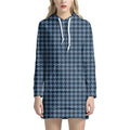 Deep Blue Houndstooth Pattern Print Pullover Hoodie Dress