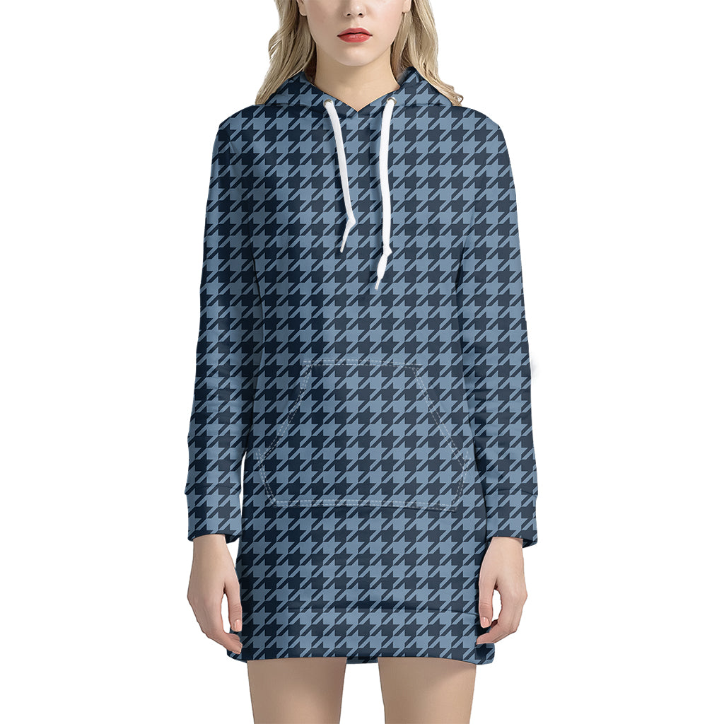 Deep Blue Houndstooth Pattern Print Hoodie Dress